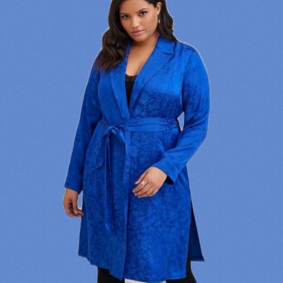 torrid Jackets & Blazers - Torrid Blue Lace Trim Belted Jacket